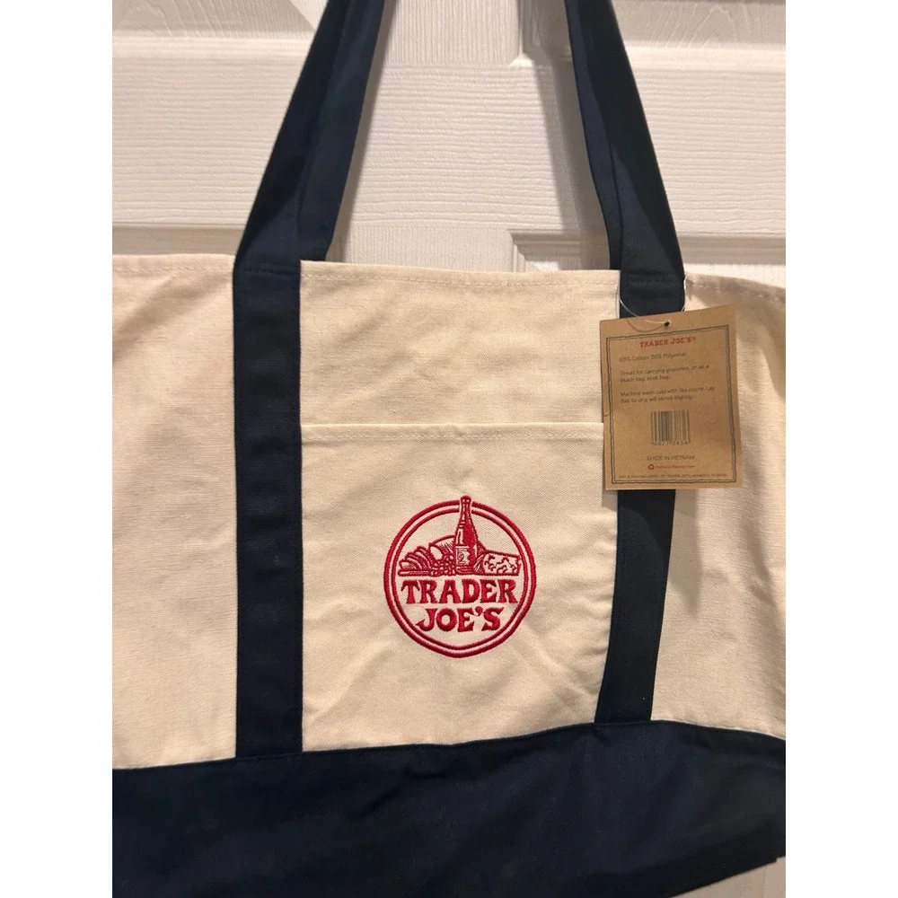 Trader Joe's Reusable Canvas Tote Bag Cream Navy Blue Embroidered Logo NWT